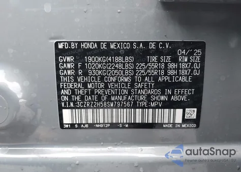 2025 Honda Hr-V Awd Sport из США, поврежденный, VIN 3CZRZ2H58SM797567